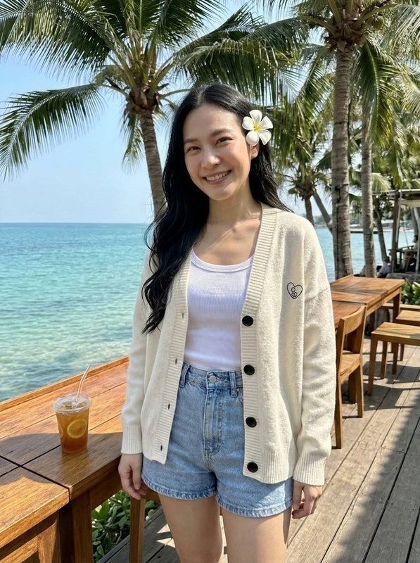 ภาพรีวิวจากคุณจีจี้ สวมเสื้อคาร์ดิแกนสี Oat Milk Cream แมตช์กับกางเกงยีนส์ขาสั้นที่คาเฟ่ริมทะเล